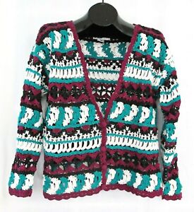 Vintage crochet cardigan sweater women M purple teal granny chic boho AJ Brandon
