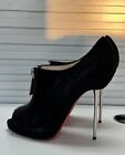 Authentic CHRISTIAN LOUBOUTIN Black Suede Leather Peep-Toe Bootie 37.5/7 Heels