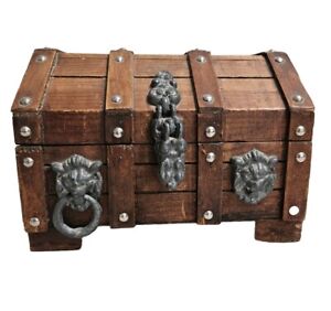 Vintage Wood Jewelry Box Pirate Treasure Chest Lion's Head, Antique-Style, 9in W