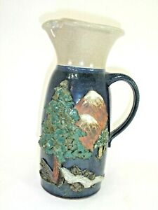 New ListingPottery Pitcher, Studio Piece, 3D, Relief, Mountains, Woodland  Signed Romanick