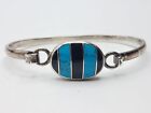 Taxco 925 Sterling Silver Mexico Onyx & Turquoise Open Bangle Bracelet
