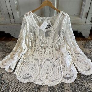 XL New Boho White Lace Country Cottage Vtg Top Sheer Shirt Blouse Womens X-LARGE