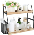 Bathroom Organizer Countertop 2Tier Standing Counter Shelf with Basket Wood Tray