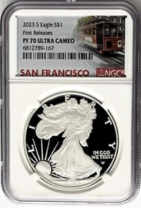2023 S PROOF SILVER EAGLE FIRST RELEASES SAN FRANCISCO MINT NGC PF70 CABLE CAR