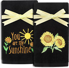 2 Pack Black Sunflower Hand Towels 100 Percent Cotton Embroidered PremiumÂ