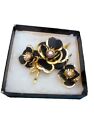 Gantos Black/Silver Metal Flowers AB Crystal Brooch & Clip-On Earrings Pre-owned