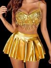 Sissy Gold PU Leather Skirt Lingerie Set Rhinestone Fringed Bra Thong L XL