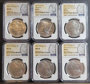 2021 Morgan & Peace Silver Dollars NGC - MS70  6 Coin Set P, D, S, O, CC, #1ms70