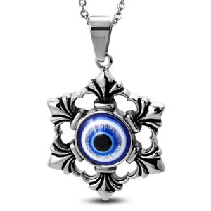 Stainless Steel Silver-Tone Blue Evil Eye Mens Pendant Necklace, 22