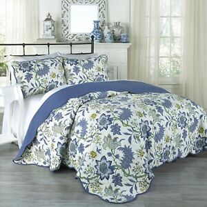 King Size Bedding Quilt Set Farmhouse Floral French Country Cottage Blue Ivory