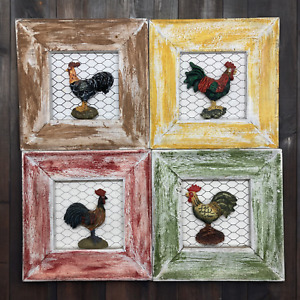 New ListingSet of 4 Wood Frame Rooster Wall Plaques 5