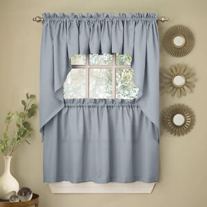 Light Blue Opaque Solid Ribcord Kitchen Curtains Choice of Tier Valance or Swag