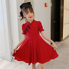 Little Kids Girls Short Bubble Sleeve Dress Solid Cheongsam Princess Knee Dress