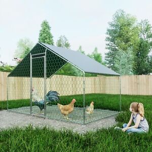 Metal Chicken Coop, Walk In Chicken Run Outdoor with Roof 10'L x 6.5'W x 3.8'H