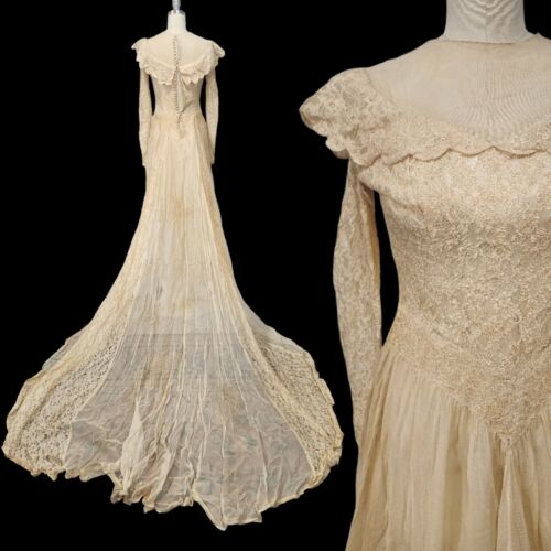 Vtg 40s Wedding Dress Ecru Floral Lace Mesh Buttons XS/S As Is Zombie Costume