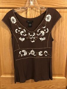 BCBG Max Azria Brown Beaded And Appliqué Tank Top Size Small