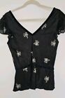 Identity By Lord & Taylor Blacl Silk Blouse Sheer Ribbed Sleeves Womens Size 14