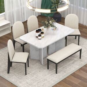 Modern 6-Piece Dining Set with Faux Marble Table and Upholstered Chairs
