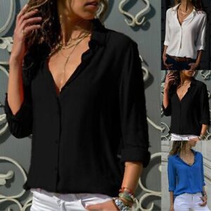 Women Button Down Tops Blouse Ladies OL Office Long Sleeve Casual Work Shirts US