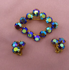 Vintage Brooch Earrings Rhinestone Pin Clip Set AB Purple Faceted Crystal 554b