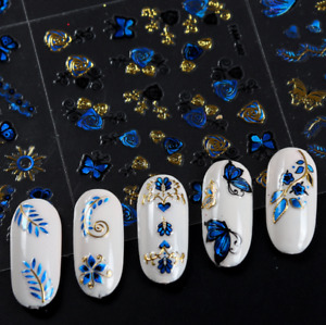 10PCS Nail Art Stickers Gold Blue Lace BUTTERFLY ROSE FLOWER Slider #9