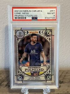 New Listing85730908 LIONEL MESSI 2021-22 Topps Merlin Chrome UEFA Prophecy Fulfilled PSA 8