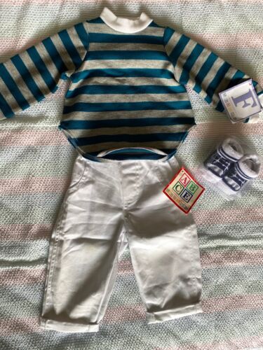 Lee Middleton Doll Clothes Grey/Teal Stripe Shirt White Pants, Sneaker booties