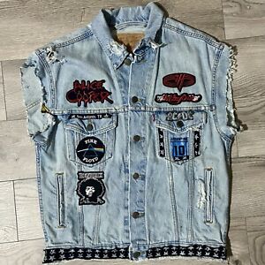 Levi’s Sleeveless Jean Jacket W/ Incredible Rock Band Patches Handmade Sz. Small