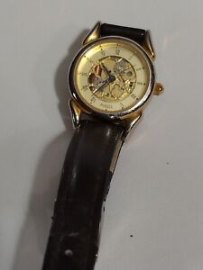 Fossil Watch Womens Gold Tone Stainless Steel Skeleton Style Brown Leather Band
