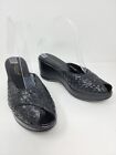 Coldwater Creek Womens 7 Black Leather Woven Leather Sandals Mules Slides Heels