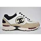 Chanel 22S White Ivory Beige Black CC Logo Tie Flat Runner Trainer Sneaker 36.5