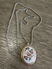 Vtg Enameled Floral & Bird Oval Double Locket Watch & Mirror Necklace 18
