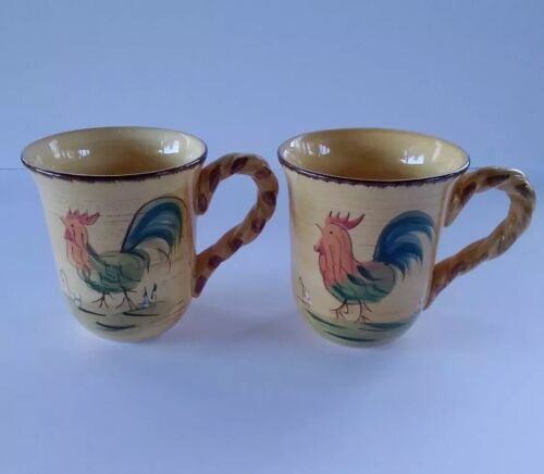 Set Of 2 Home Rooster Hand Painted Stoneware Cup Mug Coffee Cup
