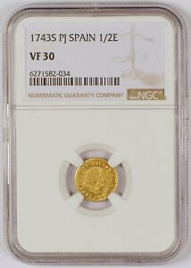 1743-S 1/2 Escudo Gold Coin of Spain, Philip V, Seville Mint, NGC Graded VF30