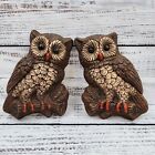 2 Brown Barn Owls Wall Hanging Living Decor Vintage Set Primitive 1970s Pair 7in