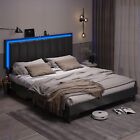 Queen Bed Frame with LED Light Upholstered Headboard Height Adjustable Black