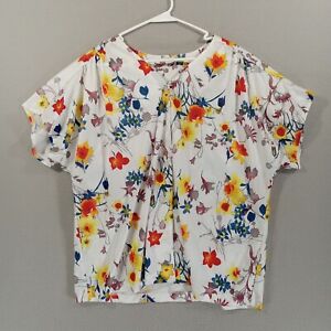 Blair Shirt Womens XL White Watercolor Flowers Short Sleeve Button Up Polyester