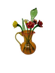 5  Vintage Art Blown Glass Long Stem Flowers & 2 Glass Green Leaves & Pitcher