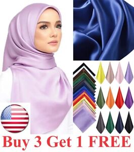 3x3 FT Solid Satin Silk Scarf Hijab Muslim Soft Large Square Head Neck Wrap Dura