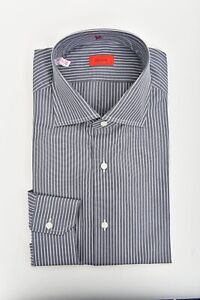 NWT ISAIA Napoli Gray White Striped Cotton Spread Collar Dress Shirt 15 3/4 40