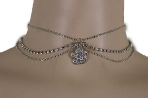 Women Fashion Jewelry Silver Metal Chains Choker Necklace Flower Charm Pendant