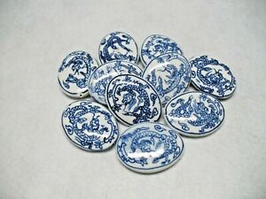 Lot of 6 Vintage Blue and White Porcelain Asian Design Oval Beads 2