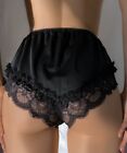 Glossy Black SILKY Soft Stretch Satin Brief Panties XL 8 Vtg Styling Lacy Detail