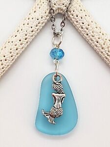 Sea Glass Necklace Jewelry w/ Aqua Blue Pendant & Mermaid Charm, Handcrafted
