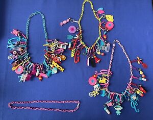 Vintage 80’s Plastic Bell Charm Necklace Retro Lot of 70 Charms/4 Chains