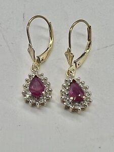 Natural Ruby And Diamonds Dangle Earrings Solid 14kt Yellow Gold