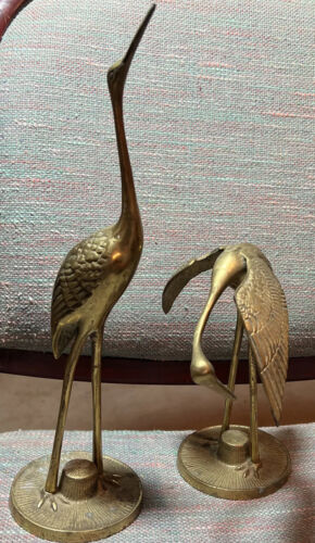 Vintage Pair of Crane Heron Egret Bird Figurines Brass Mid Century Modern