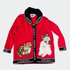 Storybook Knits Womens L Cardigan Sweater Red Embroidered Cat Lady Fuzzy Friends