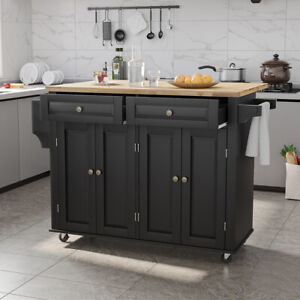 Kitchen Island Cart Trolley Storage Cabinet with Drop-Leaf Countertop 2 Drawers