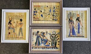 New ListingLot of 4 Egyptian Art on Papyrus under glass frames 13 X 16